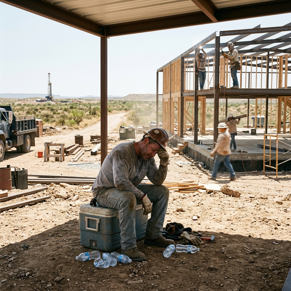 Construction worker resting from heat exhaustion on a West Texas job site