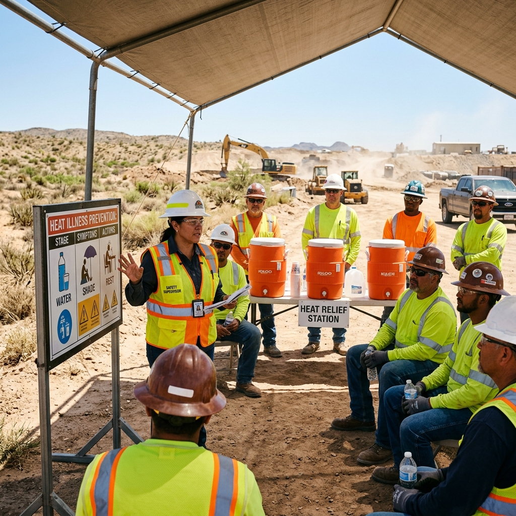 Safety supervisor conducting heat illness prevention training on a Texas worksite