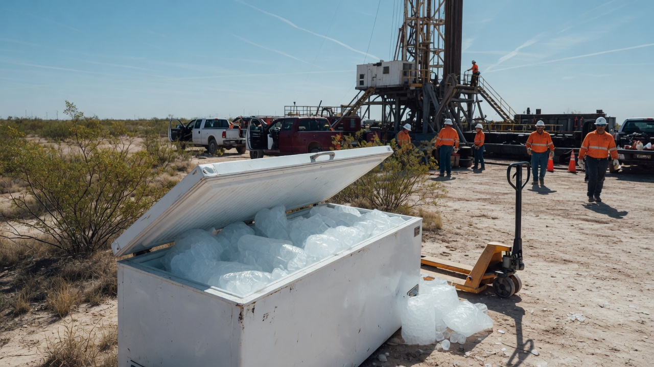 White ice merchandiser filled with bagged ice on a Permian Basin oilfield job site