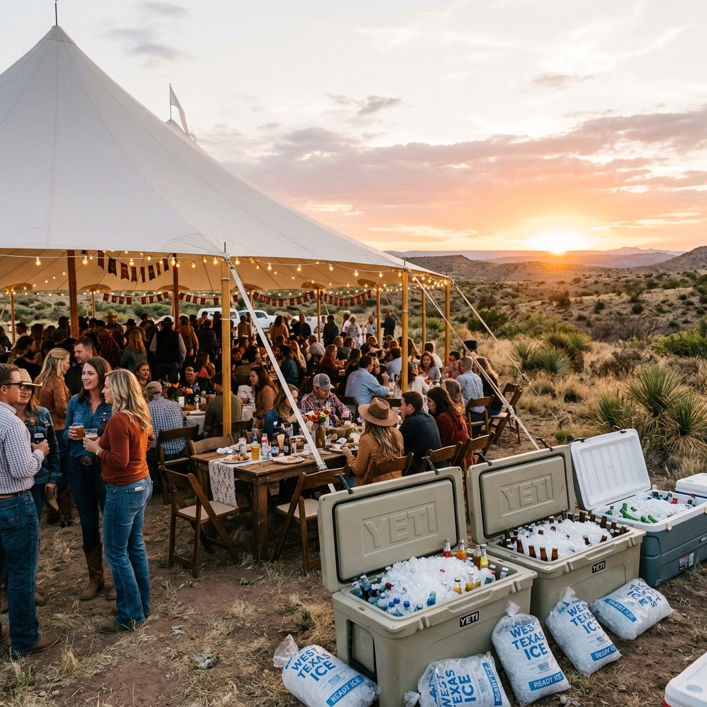 Outdoor party event in West Texas with coolers full of ice