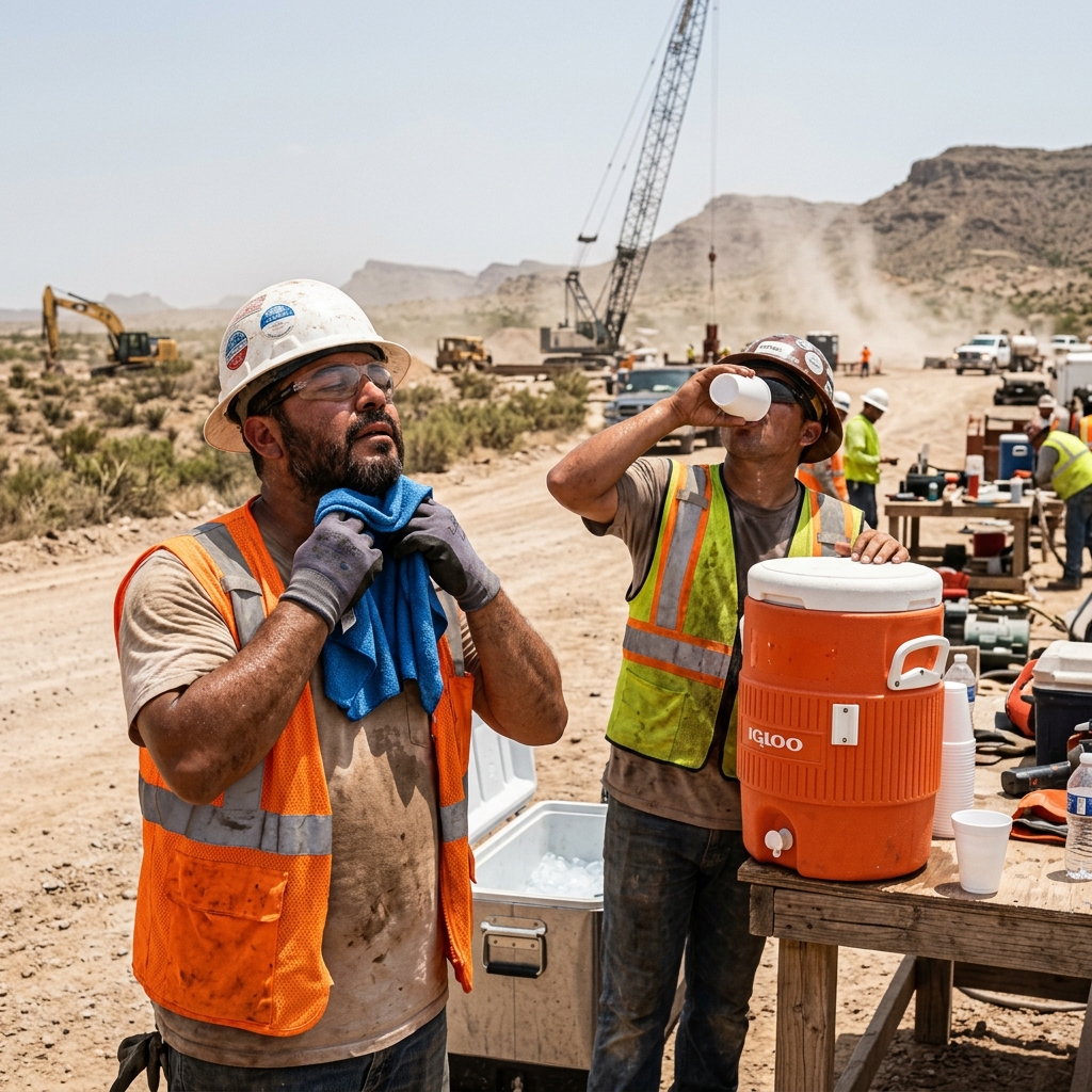 Worker using ice towel and cold water cooler on a West Texas job site