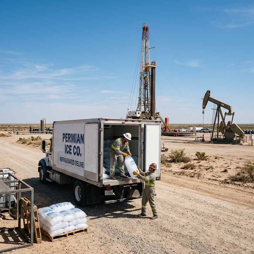 Fastlane Ice delivery truck unloading bulk ice at a Permian Basin oilfield rig site