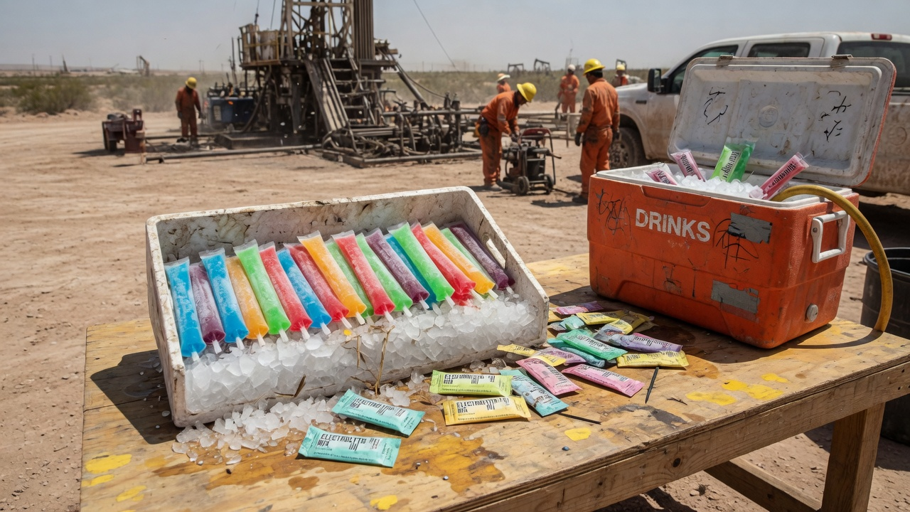 Electrolyte freezer pops, powder packets, and a drinks cooler on a Permian Basin oilfield job site