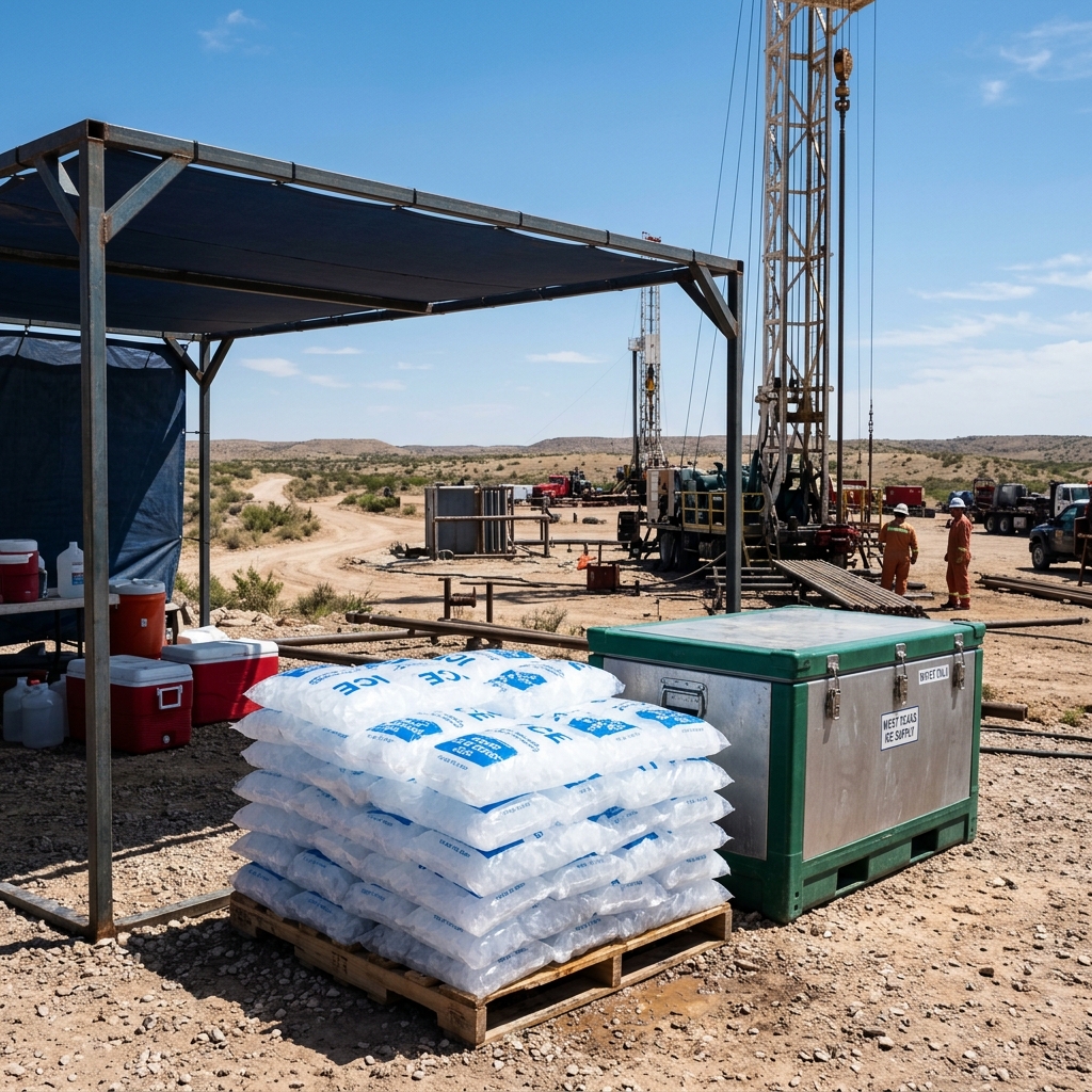Stacked bags of ice stored under shade on a West Texas job site
